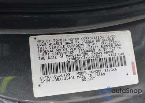 2000 Lexus Es 300 z USA, uszkodzony, nr VIN JT8BF28G7Y5091527